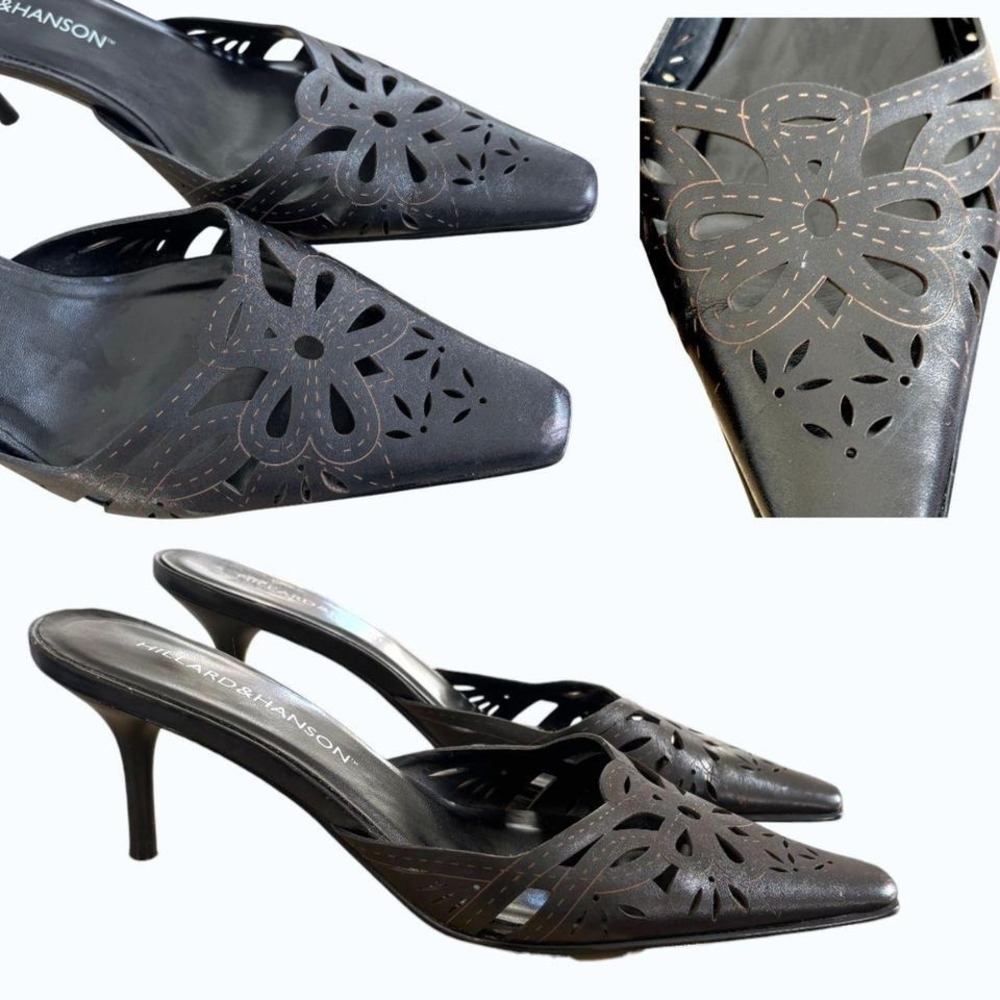 90's Y2K Rare Vtg Hillard & Hanson Lace Cut-Out Leather Mules sz. 8🖤 - Picture 4 of 6